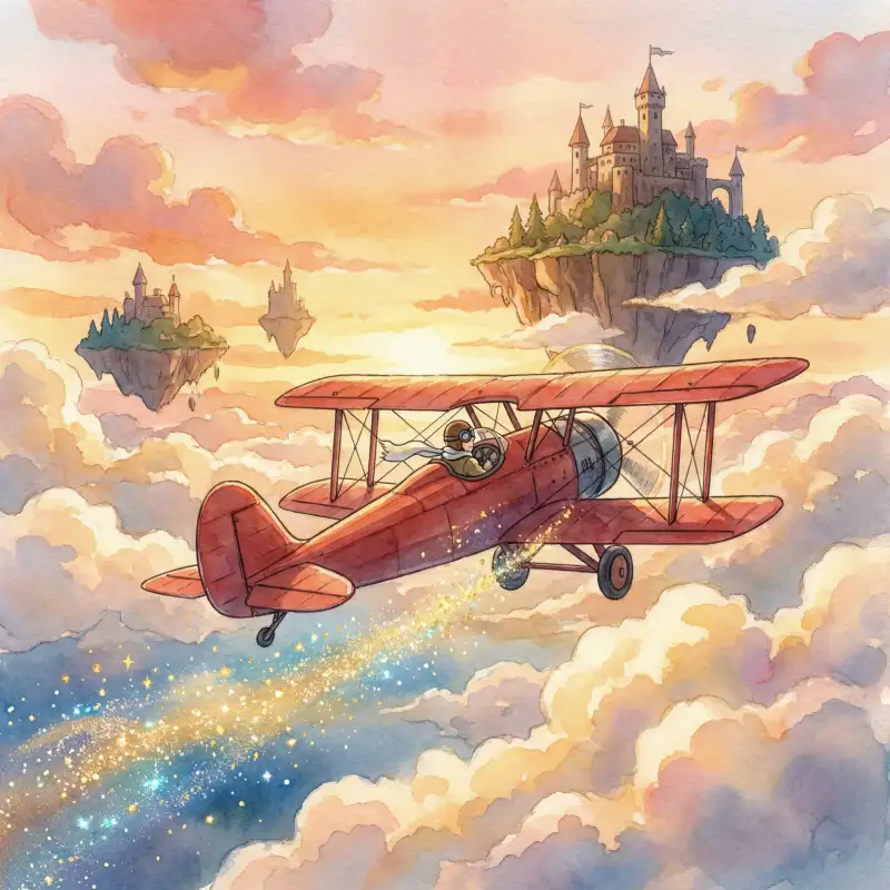 Avión vintage volando entre nubes mágicas en juego Aviator estilo Ghibli