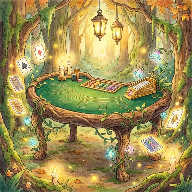 Mesa de blackjack encantada en bosque mágico estilo Ghibli