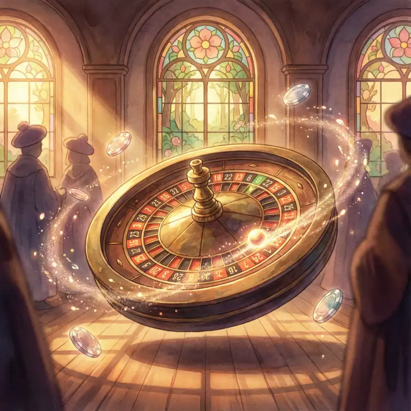 Ruleta mágica girando con destellos dorados estilo Ghibli